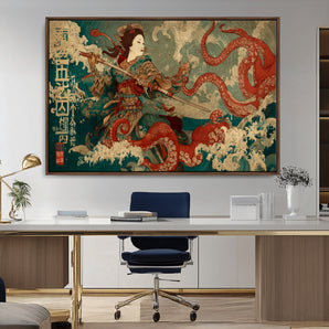 60201267-MGV-CV-36X24-Samurai Woman vs Octopus Wall Art – Japanese Ukiyo-e Armor Canvas Print, Red Tentacle Ocean Battle Artwork for Living Room,
