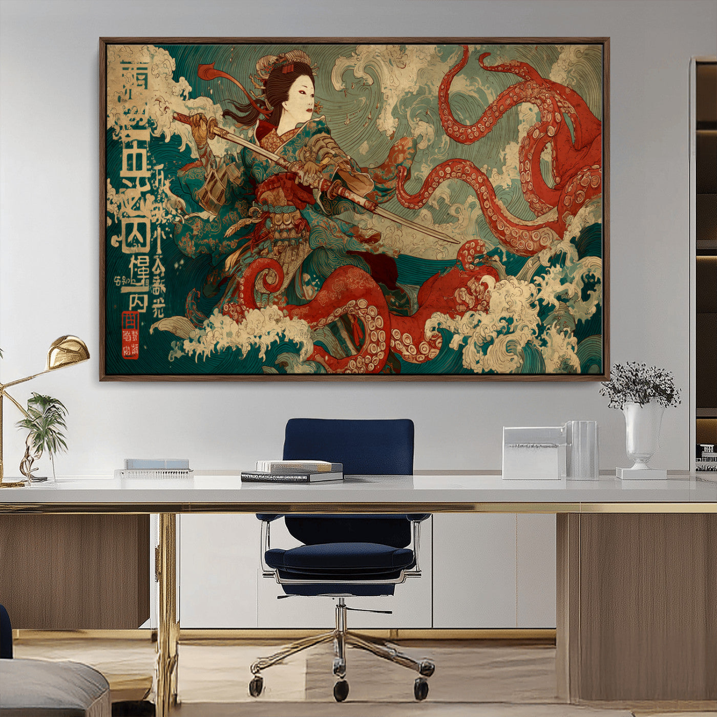60201267-MGV-CV-36X24-Samurai Woman vs Octopus Wall Art – Japanese Ukiyo-e Armor Canvas Print, Red Tentacle Ocean Battle Artwork for Living Room,