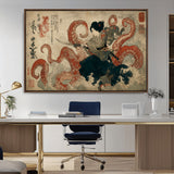 82737246-MGV-CV-36X24-Samurai Woman vs Octopus Wall Art – Japanese Ukiyo-e Dual Sword Canvas Print, Red Tentacle Ocean Battle Artwork for Living Room,
