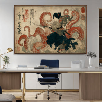 82737246-MGV-CV-36X24-Samurai Woman vs Octopus Wall Art – Japanese Ukiyo-e Dual Sword Canvas Print, Red Tentacle Ocean Battle Artwork for Living Room,