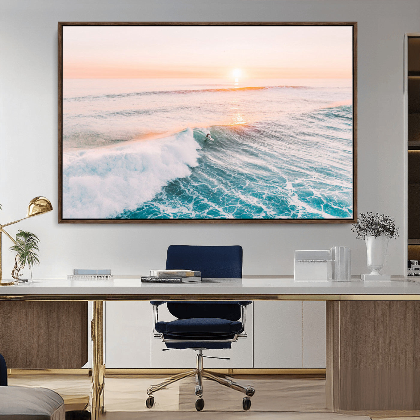34064591-MGV-CV-36X24-Surfing Wall Art – Sunset Ocean Wave Canvas Print, Surfer Riding Sea Photography Decor for Bedroom, Living Room, Office, Coastal