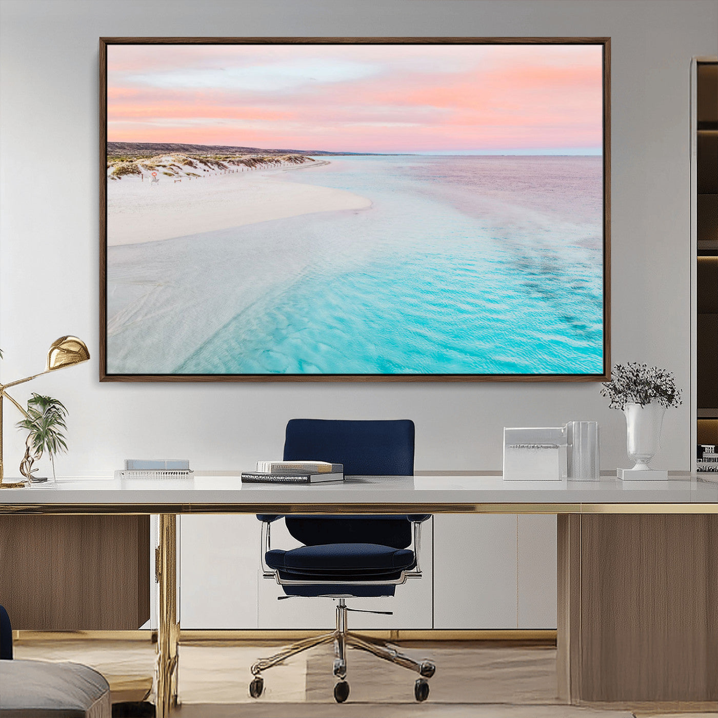 41613614-MGV-CV-36X24-Beach Sunset Wall Art – Pastel Ocean Canvas Print, Turquoise Water and Pink Sky Photography Decor for Bedroom, Living Room, Office