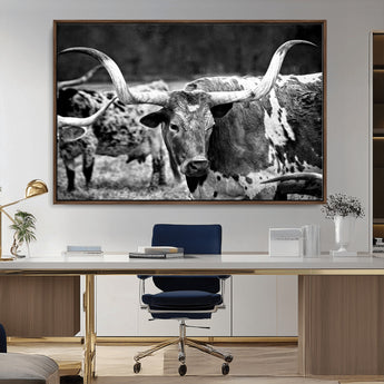 15425553-MGV-CV-36X24-Western Wall Art – Longhorn Cattle Black and White Canvas Print, Rustic Ranch Photography Decor for Bedroom, Living Room, Office,