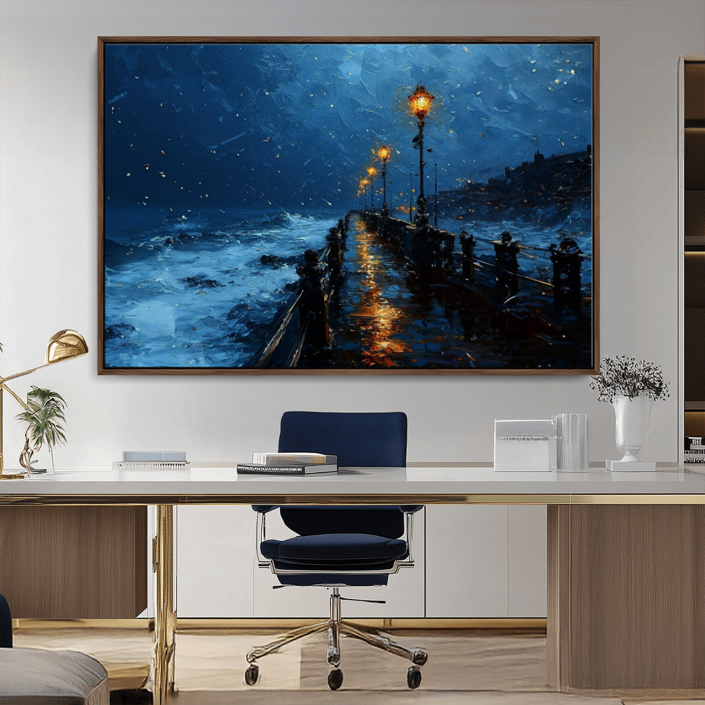 48300530-MGV-CV-36X24-Dark Stormy Pier Canvas Wall Art – Moody Ocean Night Scene with Street Lamps, Blue Coastal Seascape Print for Bedroom, Office, or