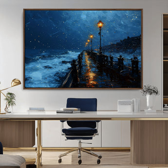 48300530-MGV-CV-36X24-Dark Stormy Pier Canvas Wall Art – Moody Ocean Night Scene with Street Lamps, Blue Coastal Seascape Print for Bedroom, Office, or