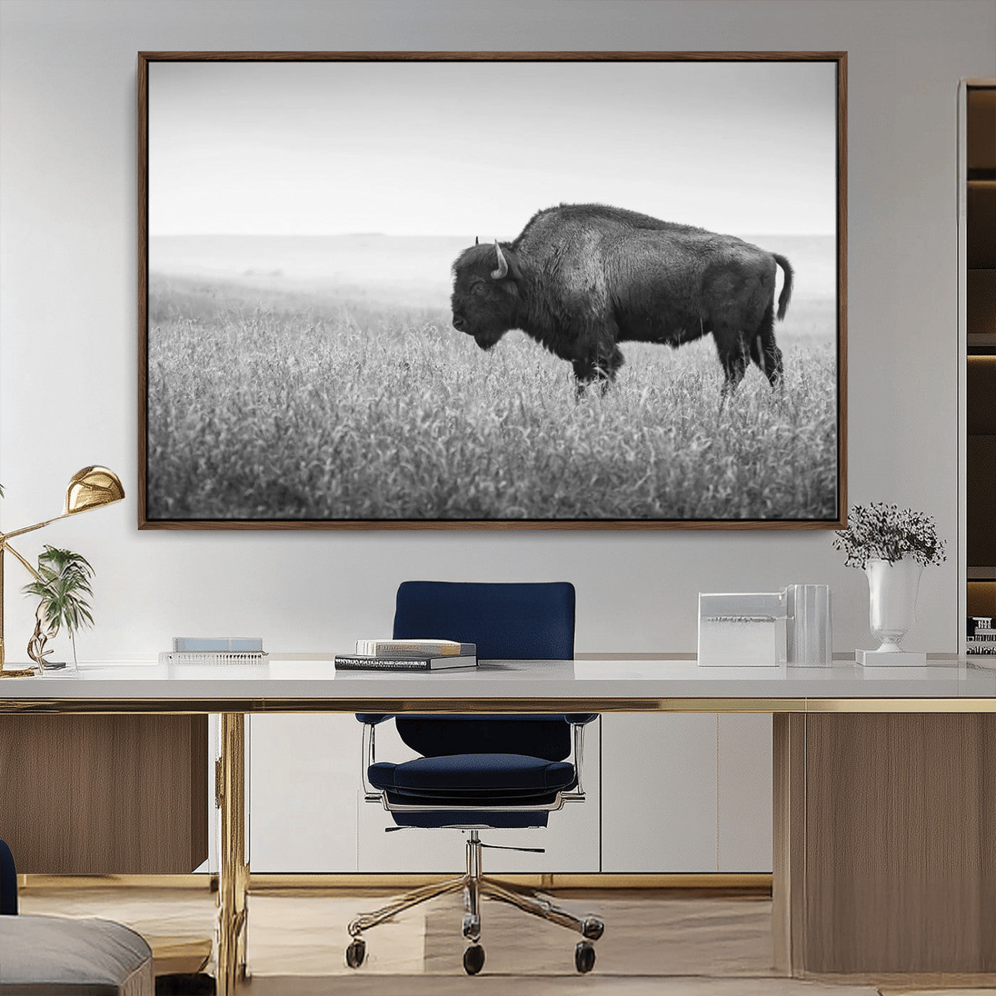 90861202-MGV-CV-36X24-Black and White Bison Canvas Wall Art – Rustic American Buffalo Print, Western Wildlife Photography for Farmhouse, Cabin, Office