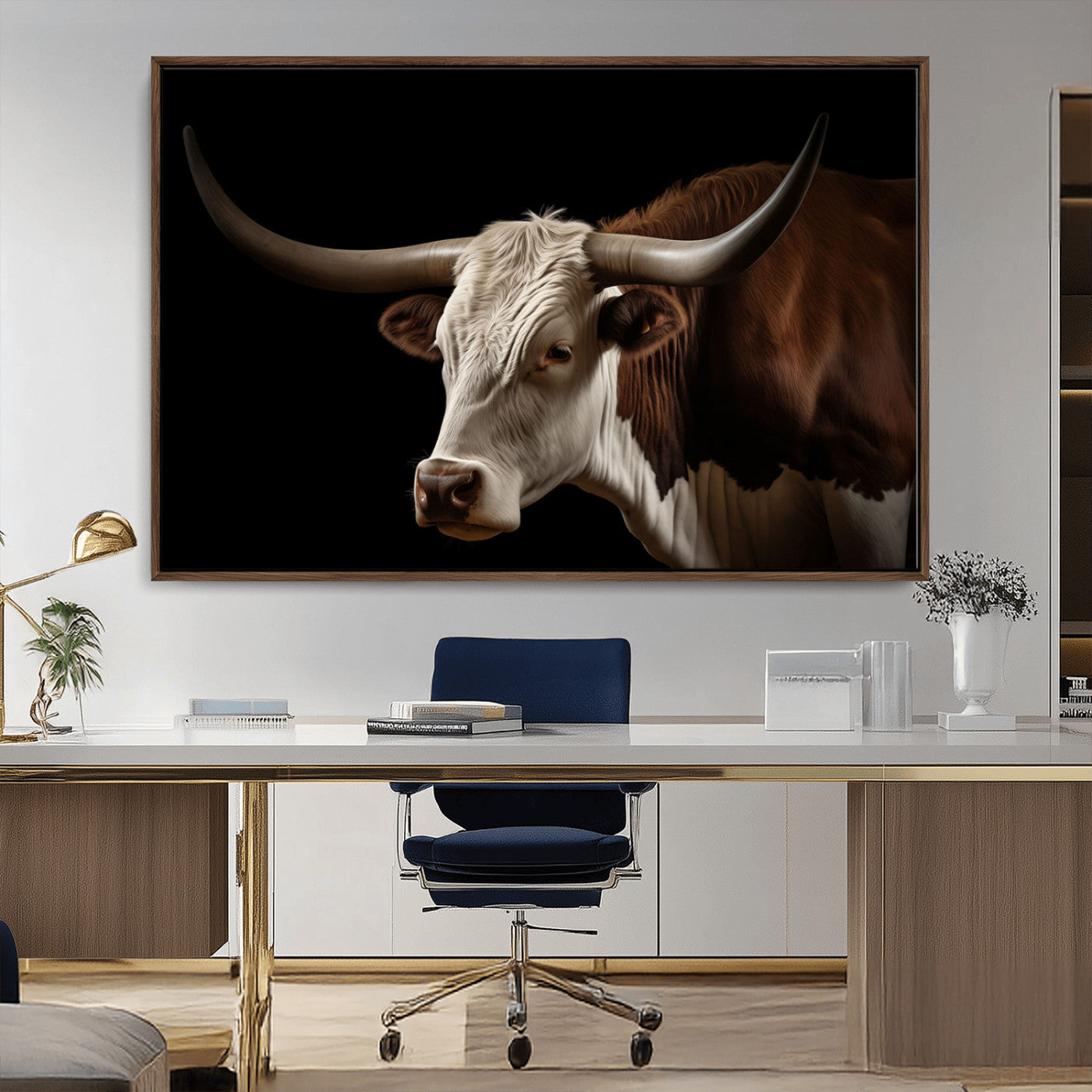 27414857-MGV-CV-36X24-Longhorn Bull Wall Art – Dramatic Western Steer Portrait Canvas Print, Rustic Farmhouse Animal Decor for Living Room, Office, or