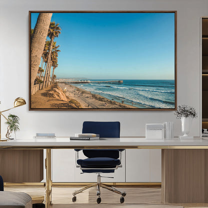 92568259-MGV-CV-36X24-California Beach Wall Art – Palm Tree Pier Canvas Print, Coastal Ocean Photography Seaside Decor for Living Room, Bedroom, Office,