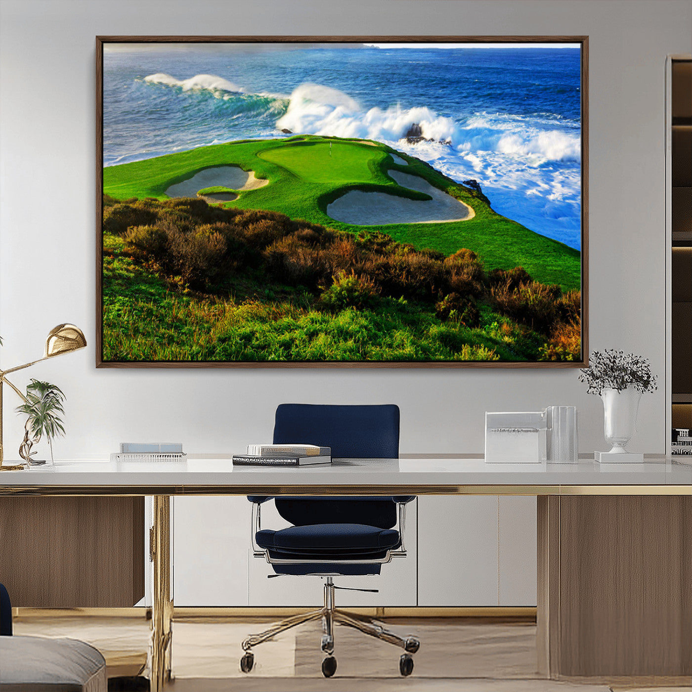 34181847-MGV-CV-36X24-Coastal Golf Course Wall Art – Panoramic Ocean Fairway Canvas Print, Scenic Sports Photography Decor for Office, Man Cave, Living