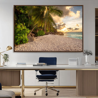 89531159-MGV-CV-36X24-Tropical Beach Sunset Canvas Wall Art – Palm Trees Golden Sand Ocean Waves Coastal Paradise Print for Beach House Bedroom Bathroom