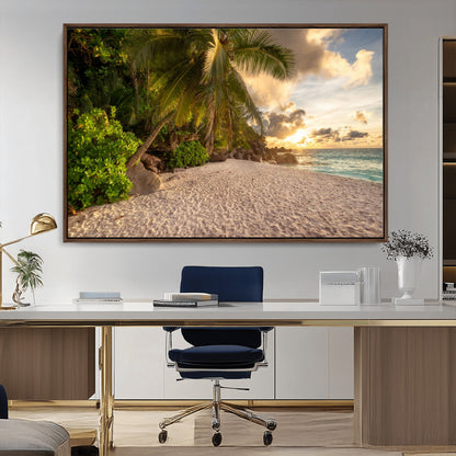89531159-MGV-CV-36X24-Tropical Beach Sunset Canvas Wall Art – Palm Trees Golden Sand Ocean Waves Coastal Paradise Print for Beach House Bedroom Bathroom