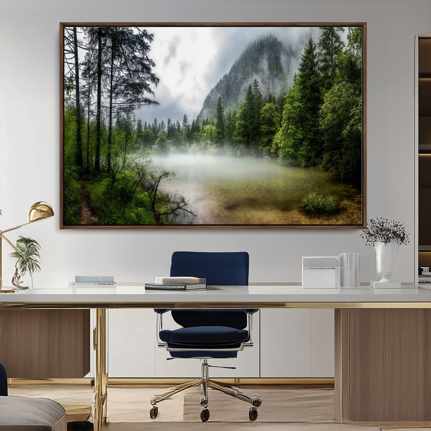 93123937-MGV-CV-36X24-Landscape Wall Art – Misty Mountain Lake Canvas Print, Tranquil Forest and Waterfall Photography Decor for Bedroom, Living Room,