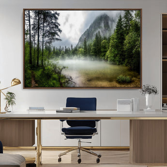 93123937-MGV-CV-36X24-Landscape Wall Art – Misty Mountain Lake Canvas Print, Tranquil Forest and Waterfall Photography Decor for Bedroom, Living Room,