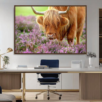 64069351-MGV-CV-36X24-Farmhouse Wall Art – Highland Cow in Wildflowers Canvas Print, Rustic Country Cattle Photography Decor for Bedroom, Living Room,