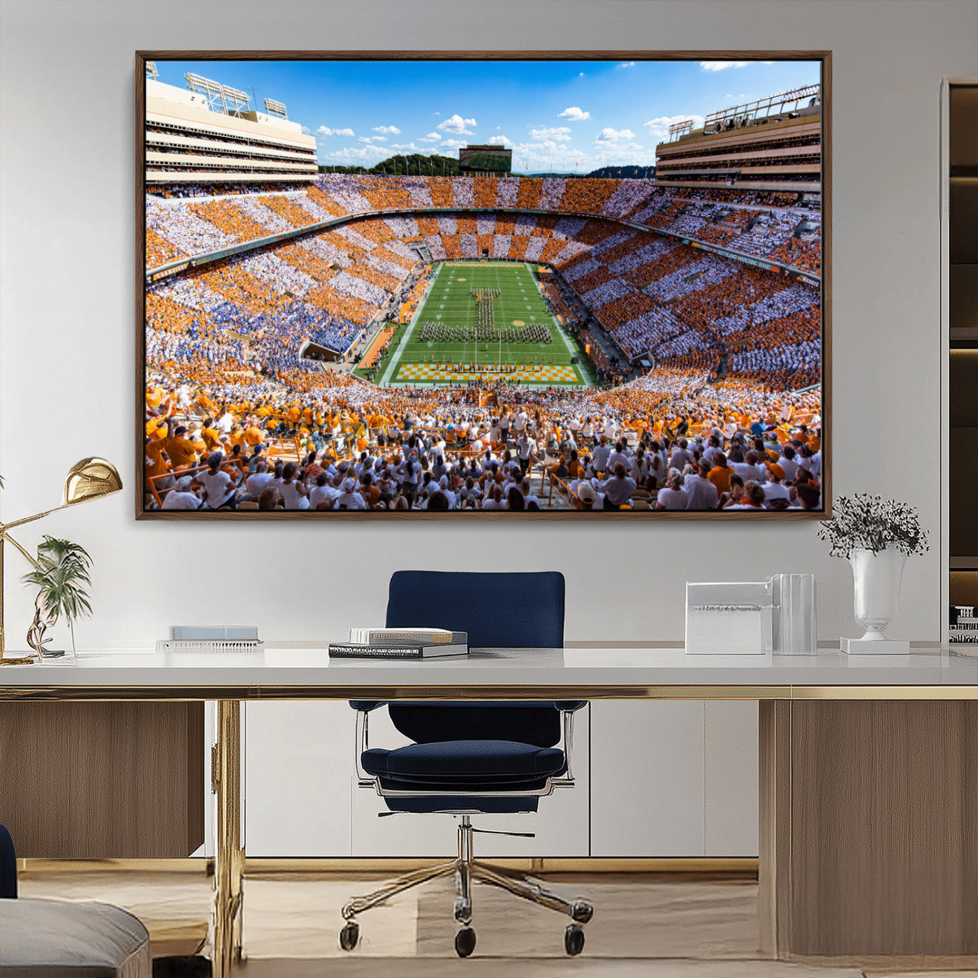 64238859-MGV-CV-36X24-Neyland Stadium Wall Art – Panoramic Tennessee Volunteers Power T Checkerboard Crowd Canvas Print, Day Game Football Band Sports