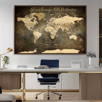 13394308-MGV-FC-36X24_Walnut-Personalized World Map Wall Art – Dark Rustic Vintage Adventure Travel Map with Custom Couple Names, Timeless Wall Decor for Home