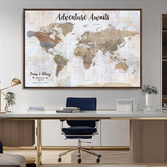30792405-MGV-CV-36X24-Personalized World Map Wall Art – Rustic Beige Adventure Travel Map with Custom Couple Names, Vintage Wall Decor for Home or