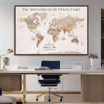 43869621-MGV-CV-36X24-Personalized World Map Wall Art – Light Beige Sepia Adventure Travel Map with Custom Family or Couple Names, Rustic Wall Decor for