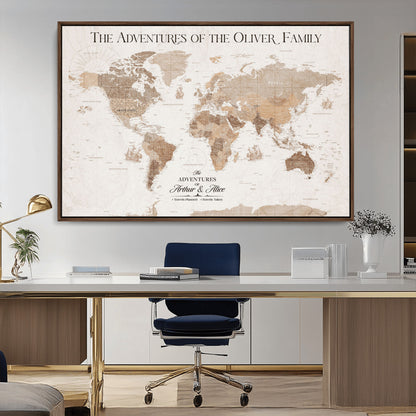 43869621-MGV-CV-36X24-Personalized World Map Wall Art – Light Beige Sepia Adventure Travel Map with Custom Family or Couple Names, Rustic Wall Decor for