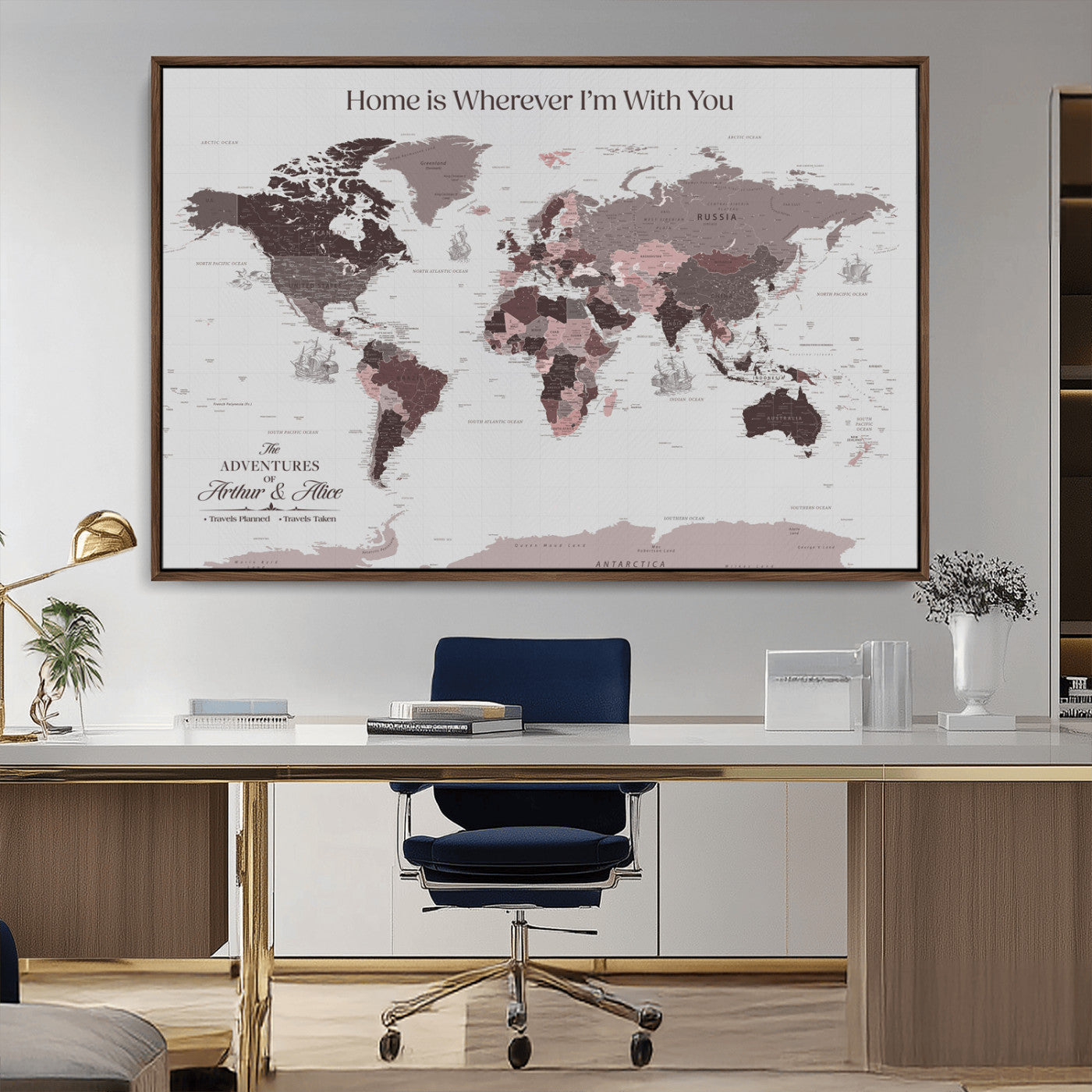 33204797-MGV-CV-36X24-Personalized World Map Wall Art – Burgundy & Grey Adventure Travel Map with Custom Names, Romantic Wall Decor for Couples, Home or