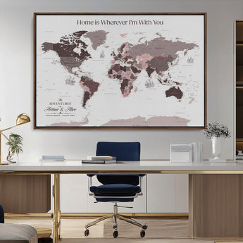 33204797-MGV-CV-36X24-Personalized World Map Wall Art – Burgundy & Grey Adventure Travel Map with Custom Names, Romantic Wall Decor for Couples, Home or