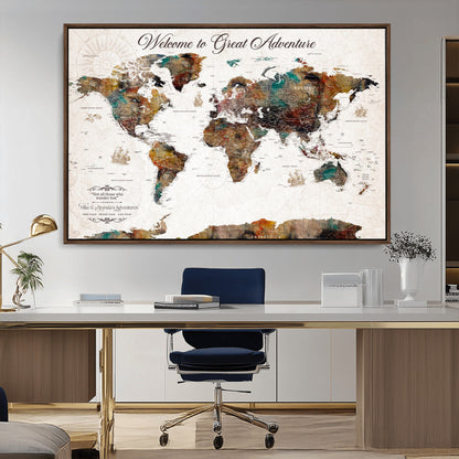67029173-MGV-CV-36X24-Personalized World Map Wall Art – Colorful Vintage Adventure Travel Map with Custom Couple Names, Rustic Wall Decor for Home,