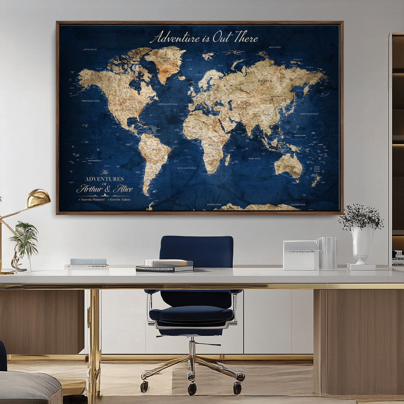 71052542-MGV-CV-36X24-Personalized World Map Wall Art – Rustic Navy Blue Adventure Travel Map with Custom Couple Names, Vintage Wall Decor for Home or