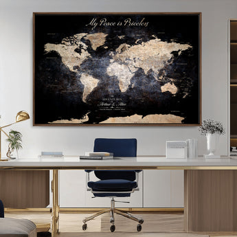 51488142-MGV-CV-36X24-Personalized World Map Wall Art – Dark Rustic Adventure Travel Map with Custom Names, Vintage Wall Decor for Couples, Families or