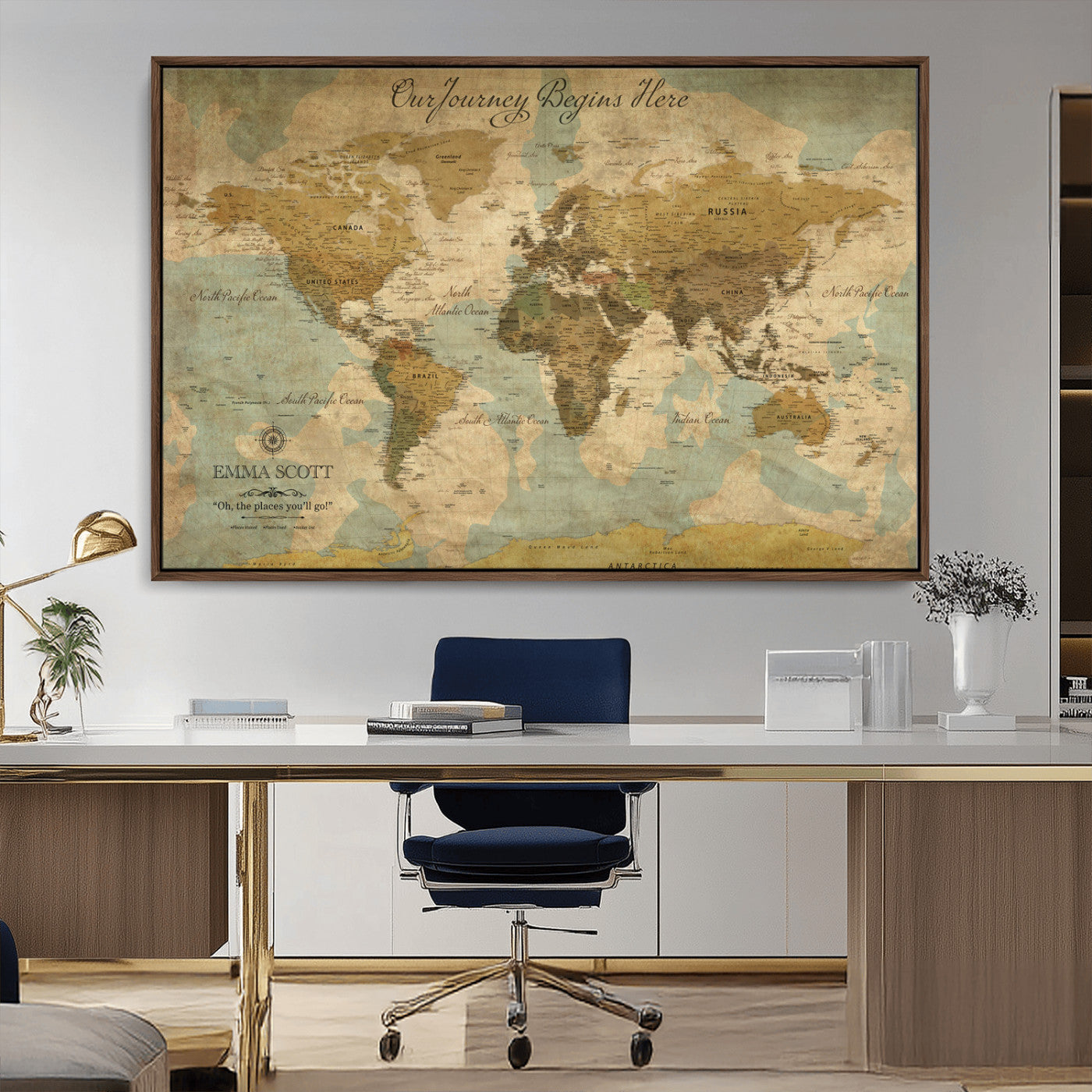 54795344-MGV-FC-36X24_Walnut-Personalized World Map Wall Art – Vintage Adventure Travel Map with Custom Names, Rustic Wall Décor for Couples, Families