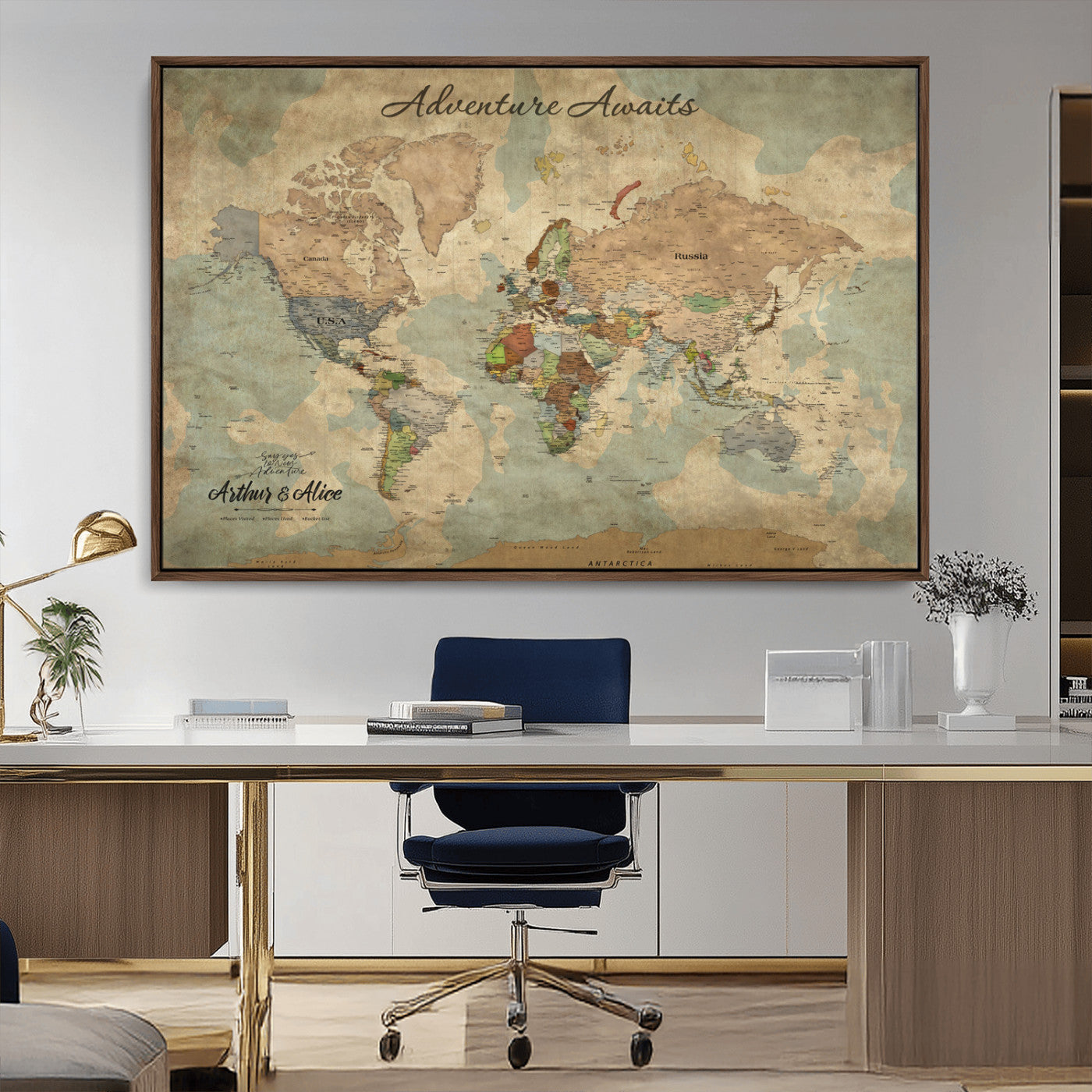 62500285-MGV-CV-36X24-Personalized World Map Wall Art – Rustic Watercolor Adventure Awaits Travel Map with Custom Couple Names, Vintage Wall Decor for