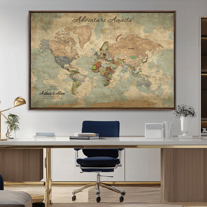 62500285-MGV-CV-36X24-Personalized World Map Wall Art – Rustic Watercolor Adventure Awaits Travel Map with Custom Couple Names, Vintage Wall Decor for