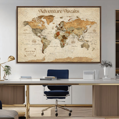 18685073-MGV-CV-36X24-Personalized World Map Wall Art – Antique Vintage Parchment Adventure Awaits Travel Map with Custom Couple Names, Rustic Wall