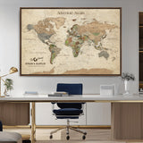 62766900-MGV-CV-36X24-Personalized World Map Wall Art – Antique Parchment Adventure Travel Map with Custom Couple Names, Rustic Wall Decor for Home,