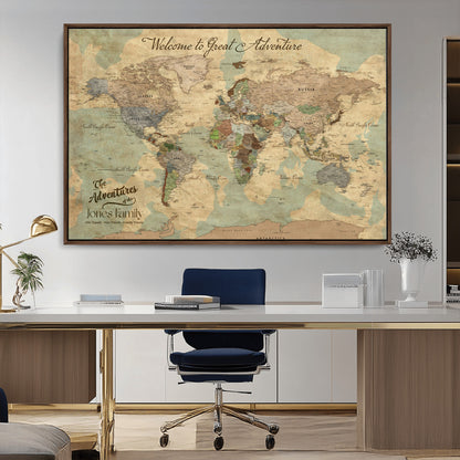 32019746-MGV-CV-36X24-Personalized World Map Wall Art – Vintage Camo Adventure Travel Map with Custom Family Names, Rustic Wall Decor for Couples, Home