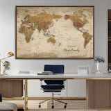 31874045-MGV-FC-36X24_Walnut-Personalized World Map Wall Art – Vintage Earth Tone Adventure Map with Custom Family Names, Rustic Travel Decor for Home, Couples