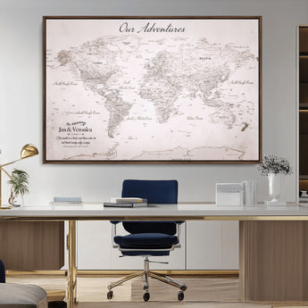 11706567-MGV-CV-36X24-Personalized World Map Wall Art – Minimalist Beige Adventure Travel Map with Custom Names, Elegant Push Pin Canvas for Couples,
