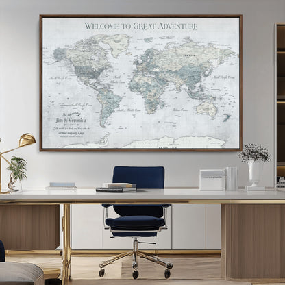 70605050-MGV-CV-36X24-Personalized World Map Wall Art – Cool Gray Adventure Travel Map with Custom Names, Elegant Push Pin Canvas for Couples, Family