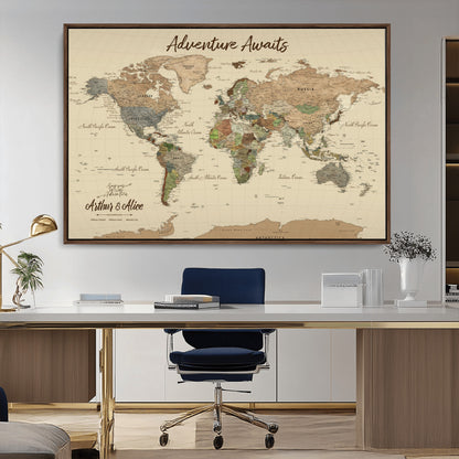 53442996-MGV-CV-36X24-Personalized World Map Wall Art – Adventure Awaits Vintage Travel Map with Custom Couple Names, Rustic Wall Decor for Home,