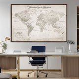 93034948-MGV-CV-36X24-Personalized World Map Wall Art – Vintage Beige Adventure Travel Map with Custom Names, Elegant Push Pin Canvas for Couples,
