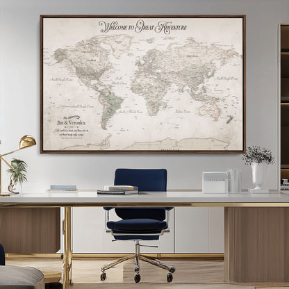 93034948-MGV-CV-36X24-Personalized World Map Wall Art – Vintage Beige Adventure Travel Map with Custom Names, Elegant Push Pin Canvas for Couples,