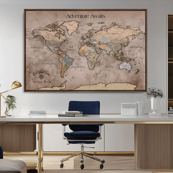 93226713-MGV-CV-36X24-Personalized World Map Wall Art – Adventure Awaits Rustic Earth-Tone Travel Map with Custom Names, Vintage Wall Decor for Couples,