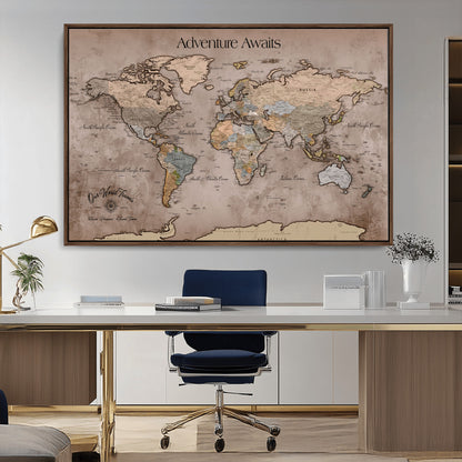 93226713-MGV-CV-36X24-Personalized World Map Wall Art – Adventure Awaits Rustic Earth-Tone Travel Map with Custom Names, Vintage Wall Decor for Couples,