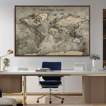 72658967-MGV-CV-36X24-Personalized World Map Wall Art – Adventure Awaits Rustic Sepia Travel Map with Custom Names, Vintage Wall Decor for Couples, Home
