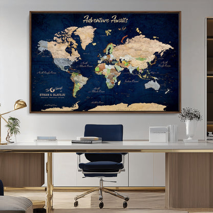 80965072-MGV-CV-36X24-Personalized World Map Wall Art – Adventure Awaits Navy Blue Travel Map with Custom Names, Rustic Vintage Wall Decor for Couples,