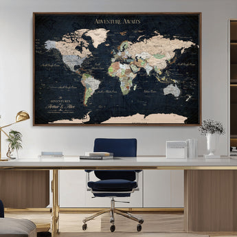 15547583-MGV-CV-36X24-Personalized World Map Wall Art – Rustic Navy Adventure Awaits Travel Map with Custom Couple Names, Vintage Wall Decor for Home or