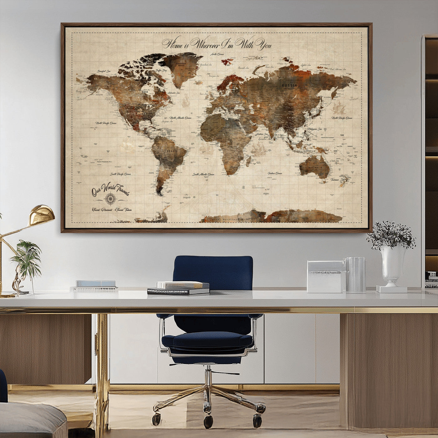48225643-MGV-CV-36X24-Personalized World Map Wall Art – Rustic Vintage Adventure Travel Map with Custom Couple Names, Romantic Wall Decor for Home or