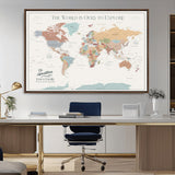 69180591-MGV-CV-36X24-Personalized World Map Wall Art – Rustic Vintage Adventure Travel Map with Custom Family Names, Unique Wall Decor for Couples,