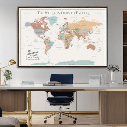 69180591-MGV-CV-36X24-Personalized World Map Wall Art – Rustic Vintage Adventure Travel Map with Custom Family Names, Unique Wall Decor for Couples,