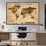 50680593-MGV-FC-36X24_Walnut-Personalized World Map Wall Art – Rustic Brown Adventure Travel Map with Custom Names, Elegant Push Pin Canvas for Couples Home,