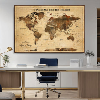 50680593-MGV-FC-36X24_Walnut-Personalized World Map Wall Art – Rustic Brown Adventure Travel Map with Custom Names, Elegant Push Pin Canvas for Couples Home,